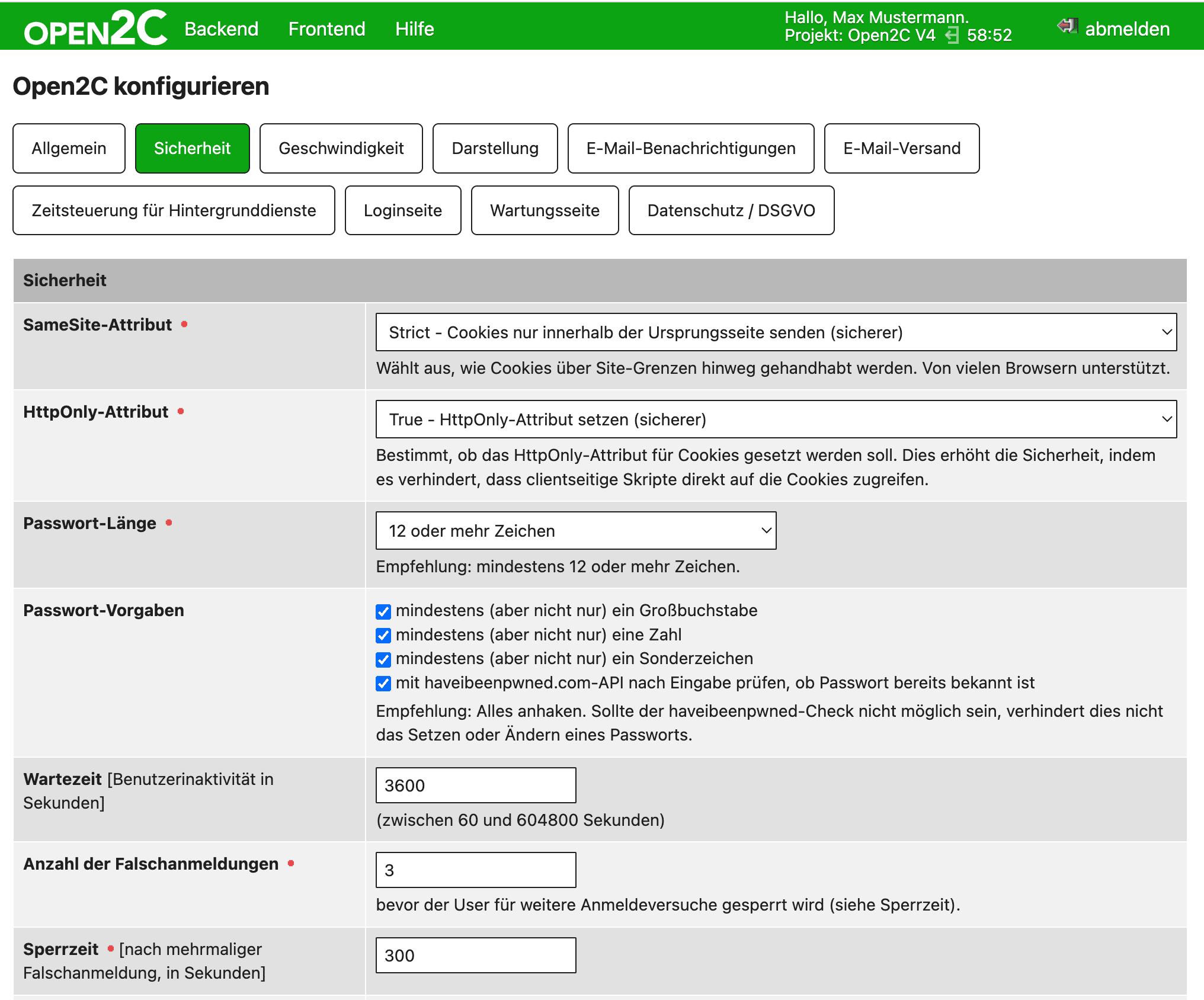 Bildschirmfoto der Einstellungen von Open2C in Version 4, zeigt einige Sicherheitseinstellungen