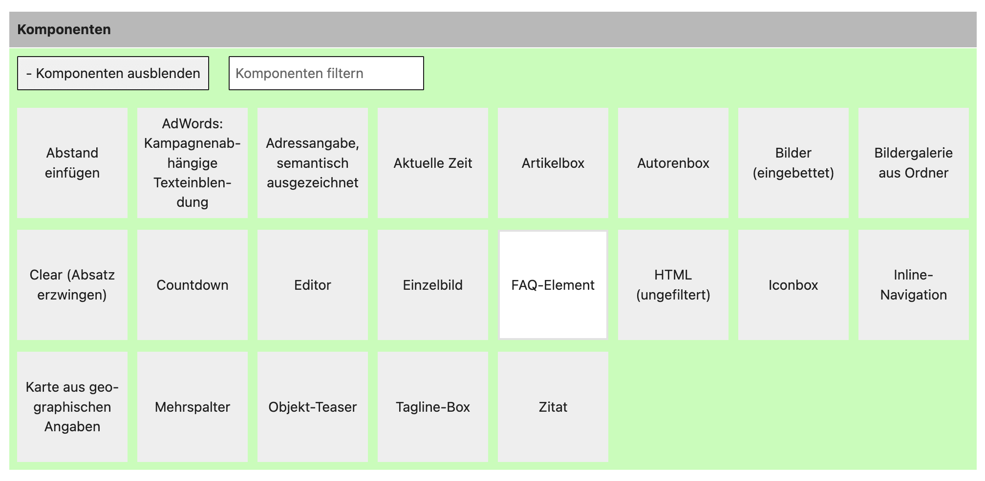 Bildschirmfoto der Komponenten des Flex-Inhaltstyps von Open2C in Version 4