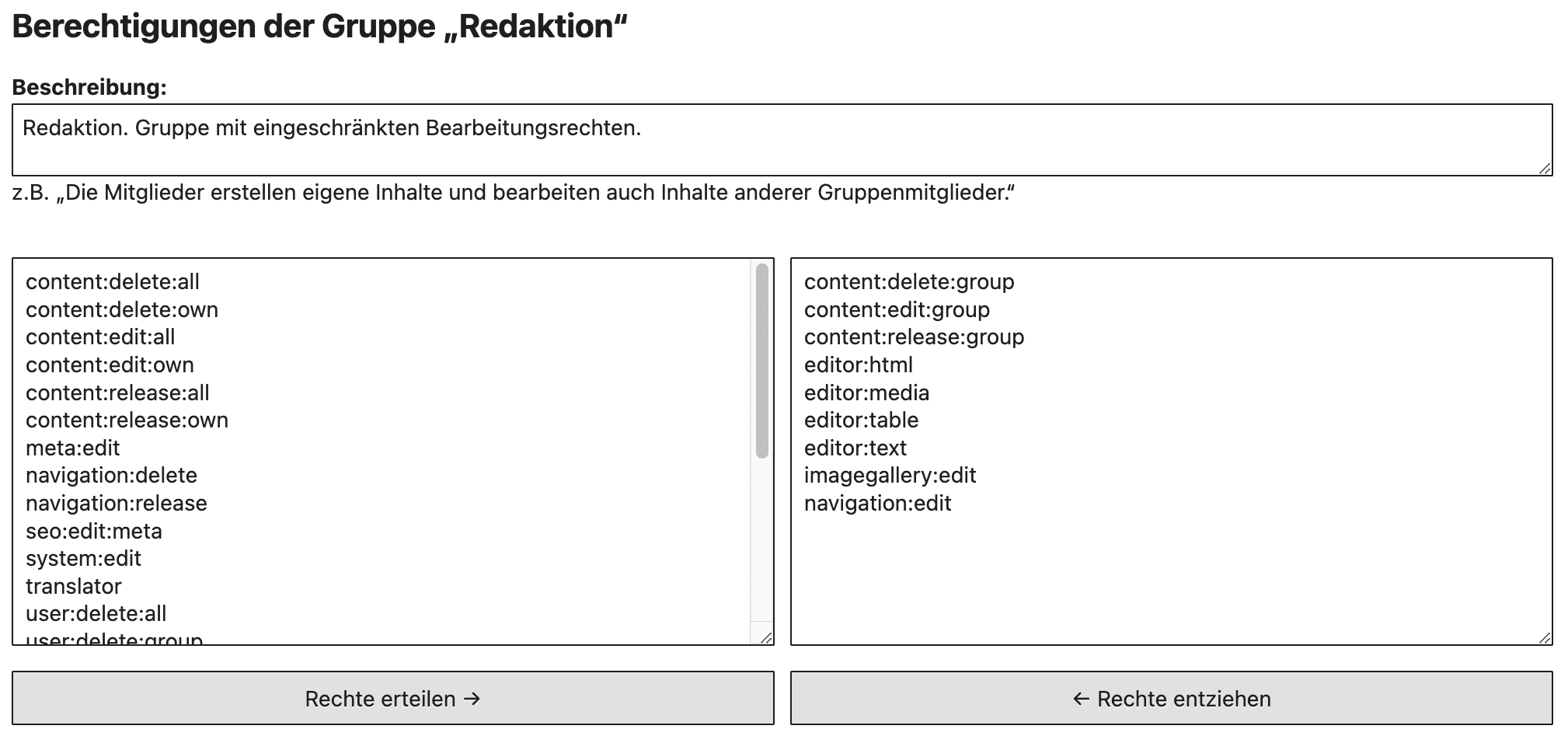 Bildschirmfoto der Verwaltung von Gruppenrechten von Open2C in Version 4