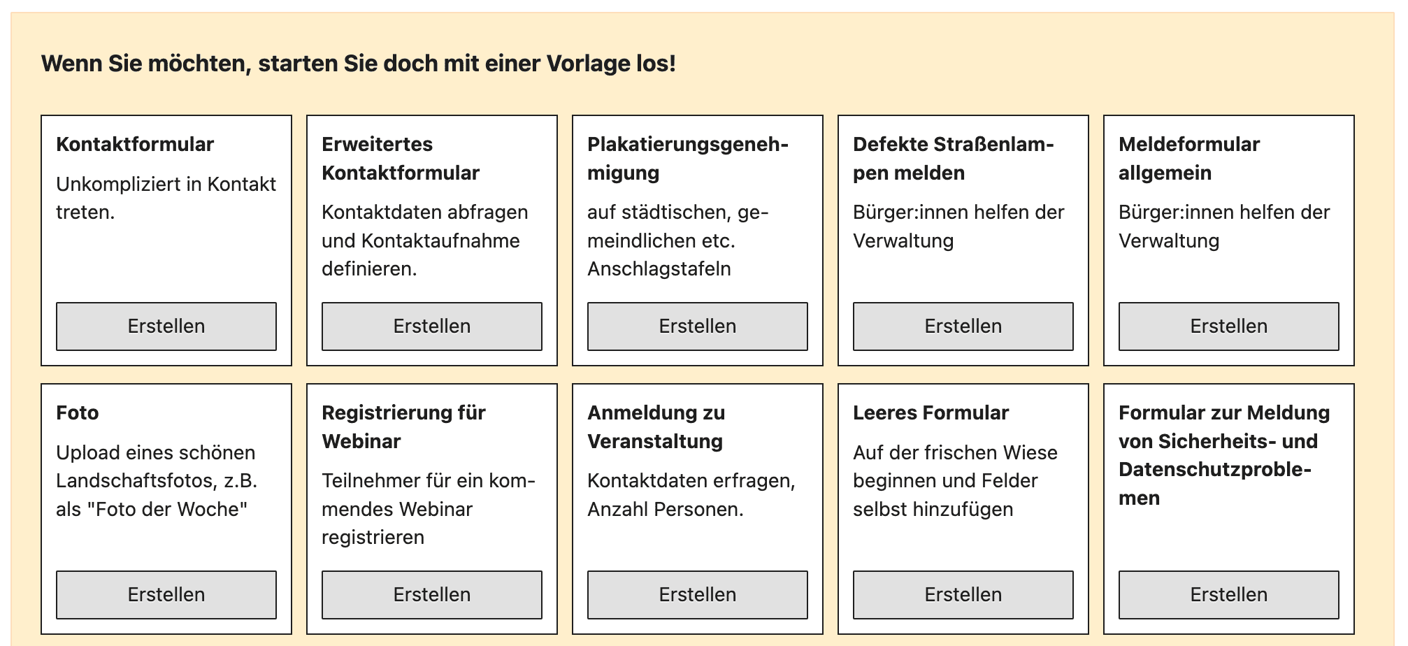 Bildschirmfoto der Formularvorlagen von Open2C in Version 4