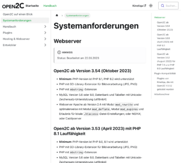 Bildschirmfoto Der Benutzerdokumentations-Webseite Von Open2C, Konkret Der Seite Mit Den Systemanforderungen